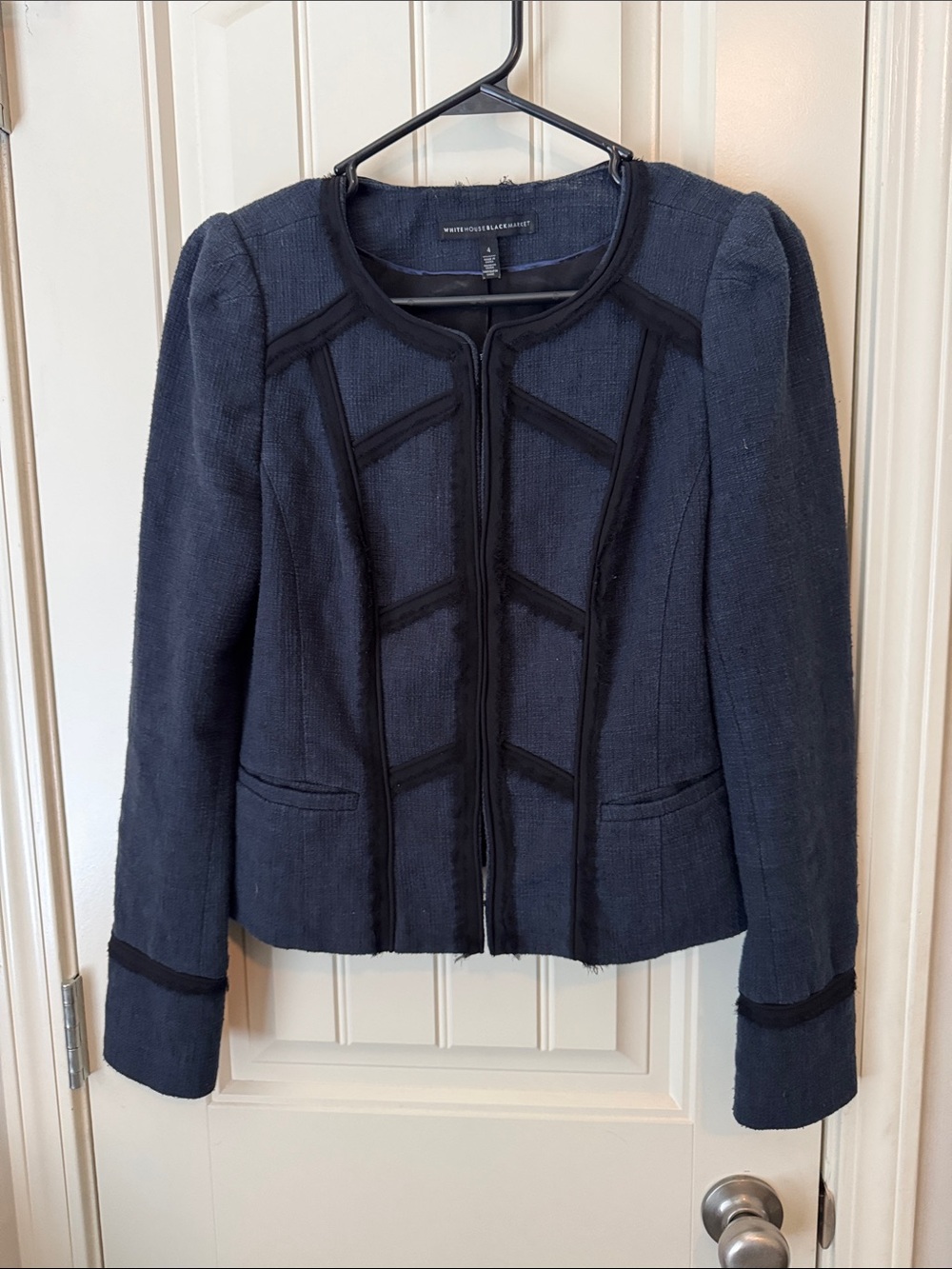 White House Black Market Navy Textured Zip-Front Tweed Jacket